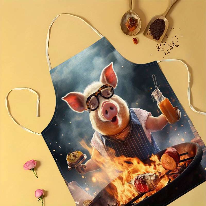 1pc Creative Pig Design Apron Whimsical Pig Cooking Painting Art Durable Linen Sleeveless