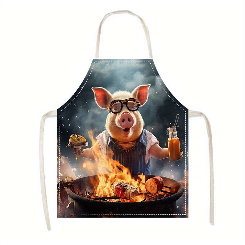 1pc Creative Pig Design Apron Whimsical Pig Cooking Painting Art Durable Linen Sleeveless