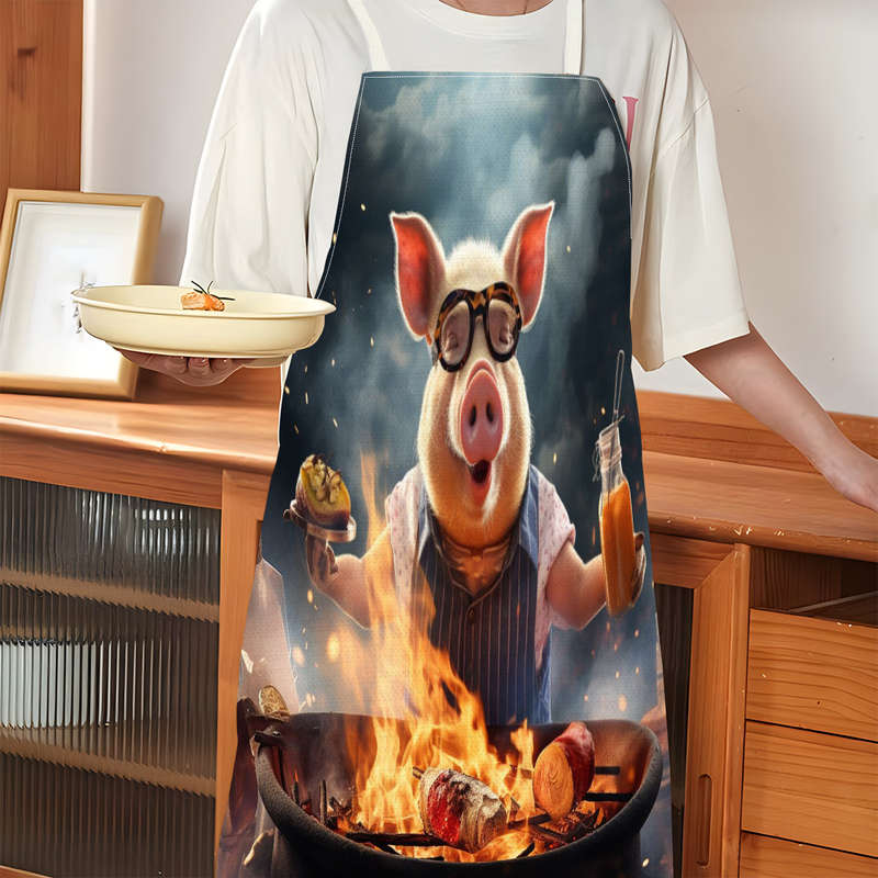 1pc Creative Pig Design Apron Whimsical Pig Cooking Painting Art Durable Linen Sleeveless
