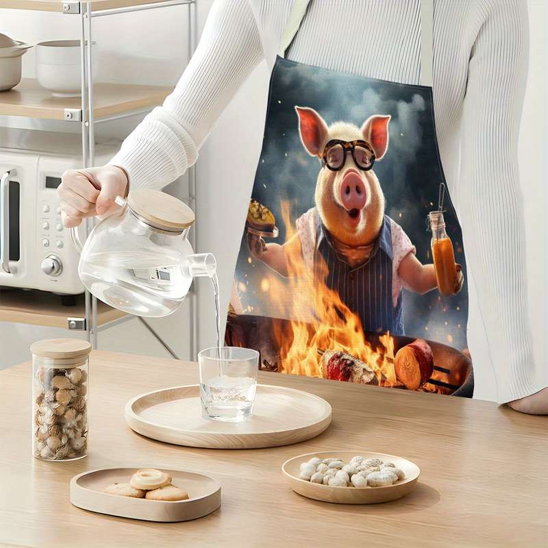 1pc Creative Pig Design Apron Whimsical Pig Cooking Painting Art Durable Linen Sleeveless