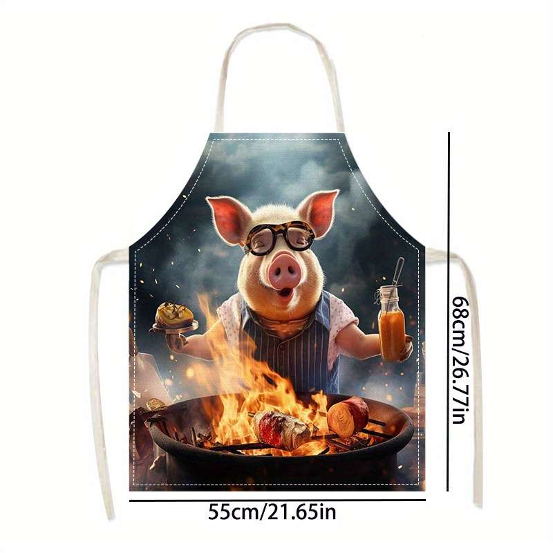 1pc Creative Pig Design Apron Whimsical Pig Cooking Painting Art Durable Linen Sleeveless