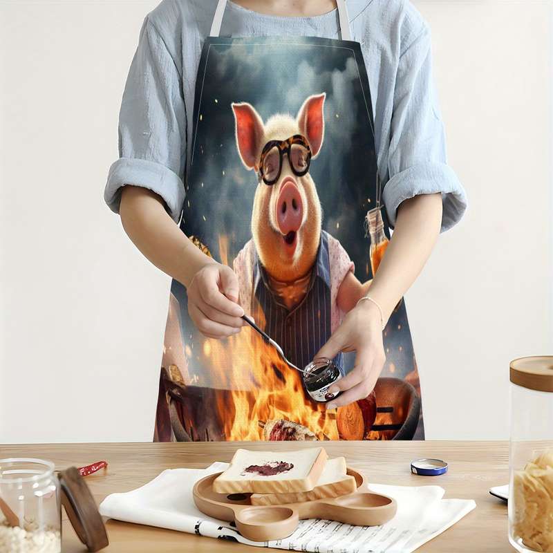 1pc Creative Pig Design Apron Whimsical Pig Cooking Painting Art Durable Linen Sleeveless