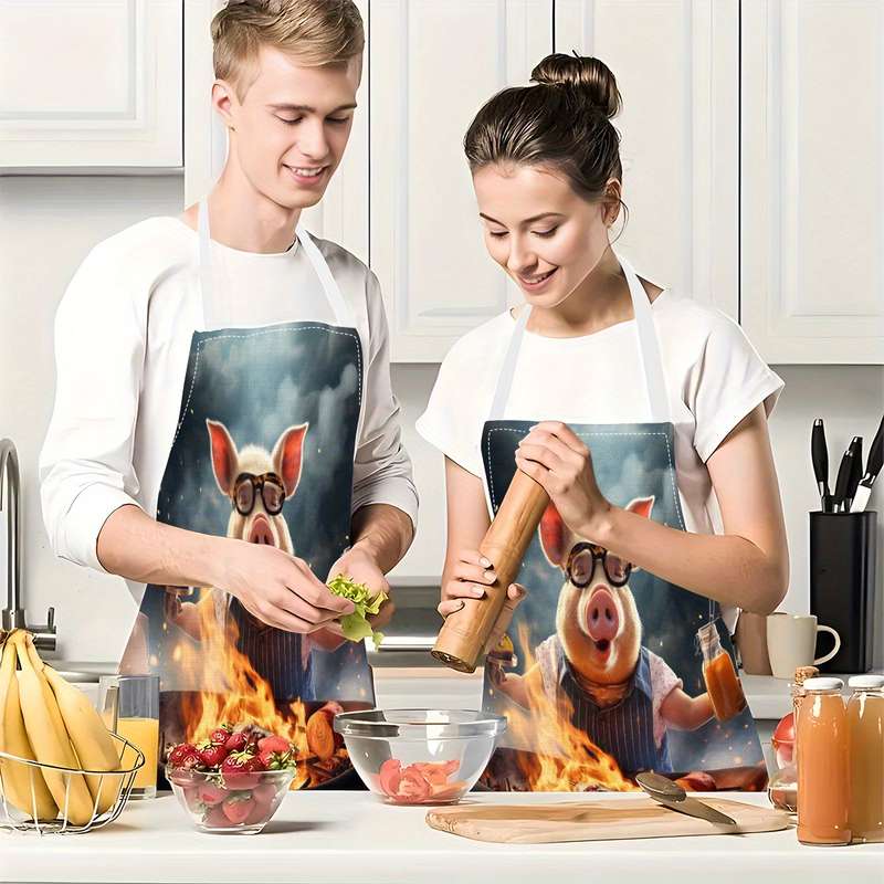 1pc Creative Pig Design Apron Whimsical Pig Cooking Painting Art Durable Linen Sleeveless