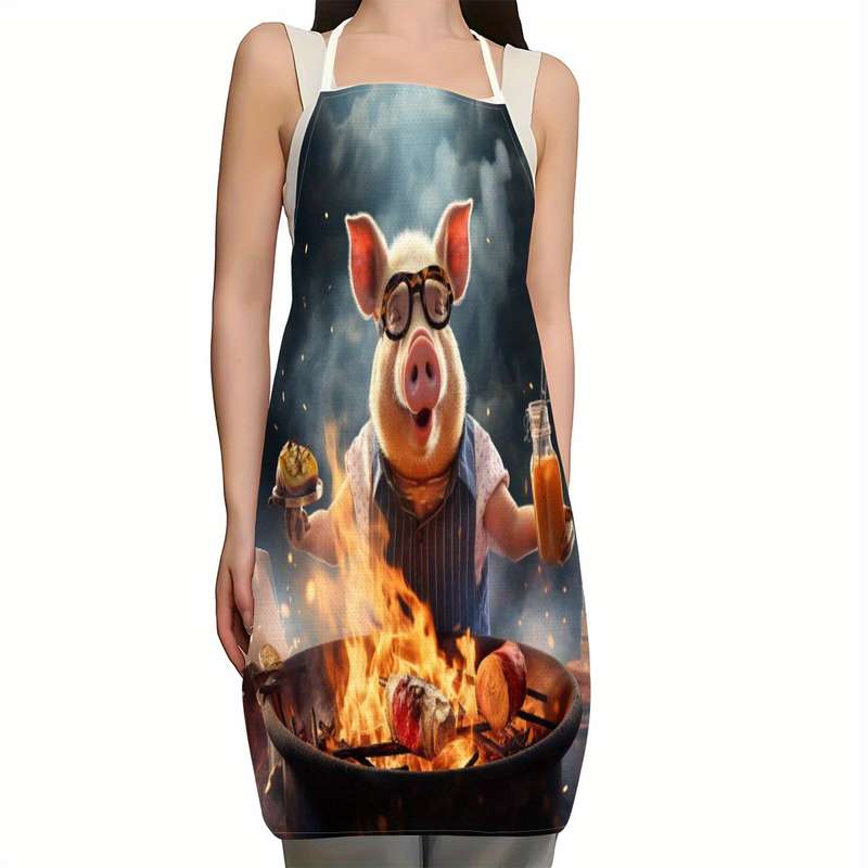 1pc Creative Pig Design Apron Whimsical Pig Cooking Painting Art Durable Linen Sleeveless