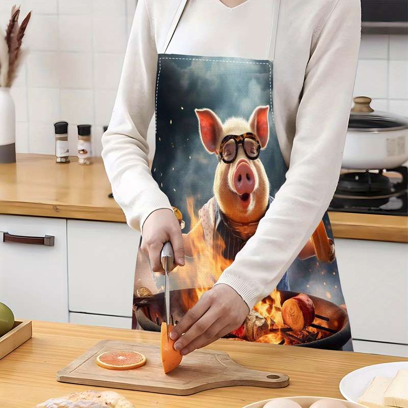 1pc Creative Pig Design Apron Whimsical Pig Cooking Painting Art Durable Linen Sleeveless