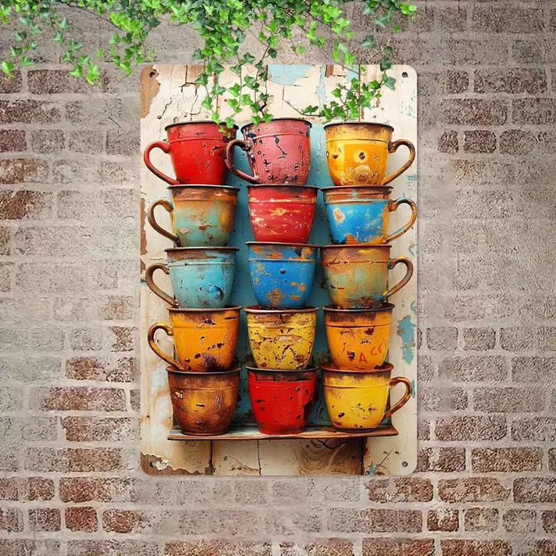 1pc 2D flat Colorful Vintage Coffee Cups Wall Art Rustic 20.32cmx30.48cm Metal Sign Weathered Finish