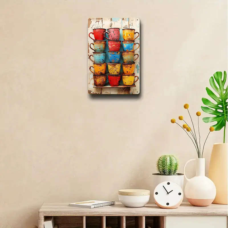1pc 2D flat Colorful Vintage Coffee Cups Wall Art Rustic 20.32cmx30.48cm Metal Sign Weathered Finish