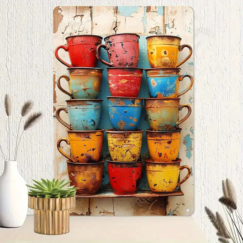 1pc 2D flat Colorful Vintage Coffee Cups Wall Art Rustic 20.32cmx30.48cm Metal Sign Weathered Finish