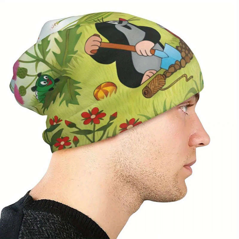 1pc Biihudu Fashionable Knitted Polyester and Spandex Hat with Cute Mole and Bear Print Unisex Fu