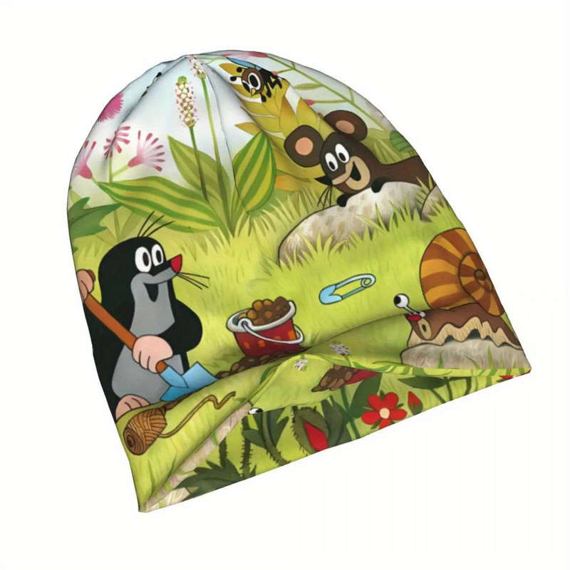 1pc Biihudu Fashionable Knitted Polyester and Spandex Hat with Cute Mole and Bear Print Unisex Fu