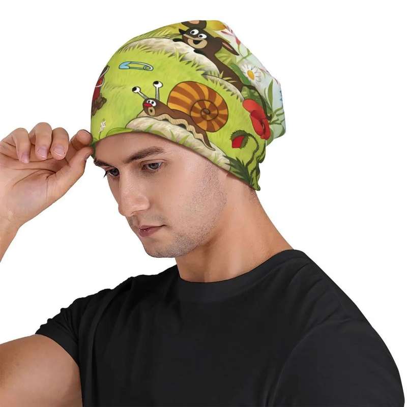 1pc Biihudu Fashionable Knitted Polyester and Spandex Hat with Cute Mole and Bear Print Unisex Fu