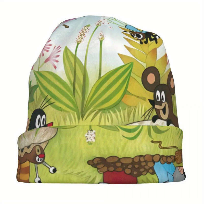 1pc Biihudu Fashionable Knitted Polyester and Spandex Hat with Cute Mole and Bear Print Unisex Fu