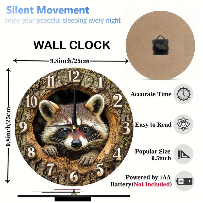 1pcs Vintage Raccoon Theme Wooden Round Wall Clock Silent Movement
