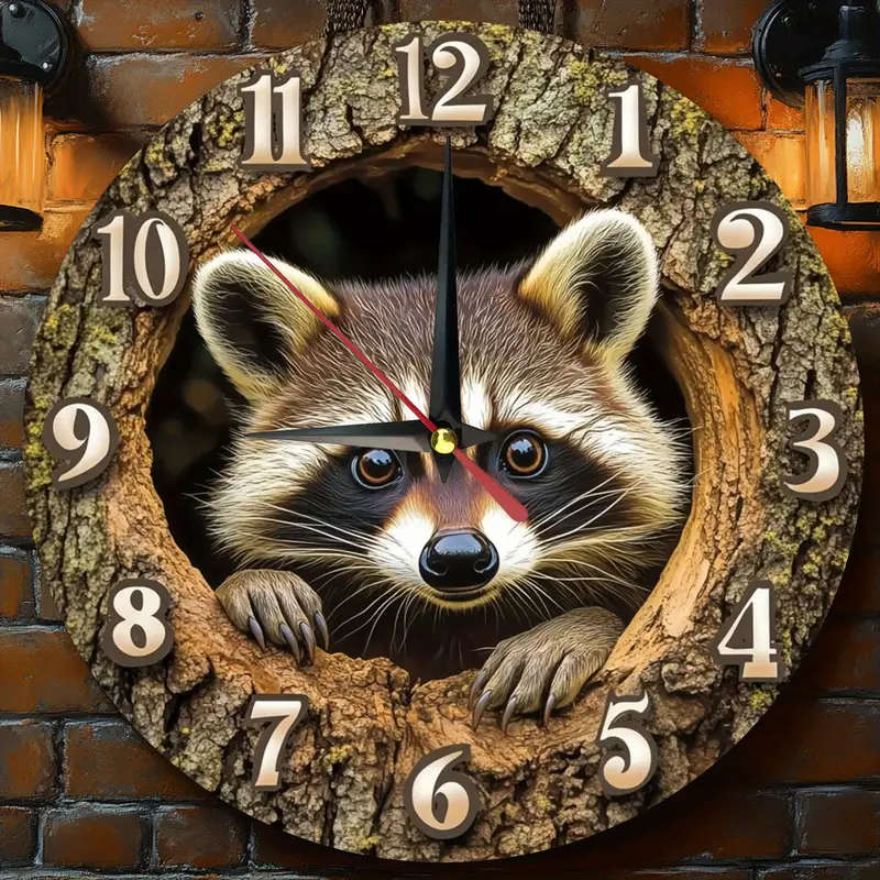 1pcs Vintage Raccoon Theme Wooden Round Wall Clock Silent Movement