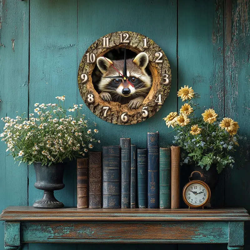 1pcs Vintage Raccoon Theme Wooden Round Wall Clock Silent Movement