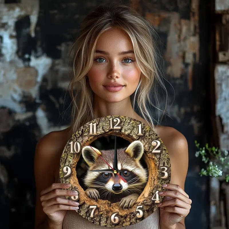 1pcs Vintage Raccoon Theme Wooden Round Wall Clock Silent Movement