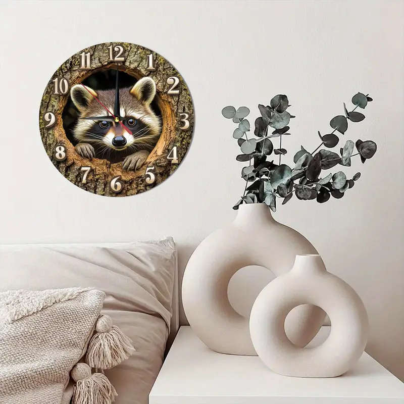 1pcs Vintage Raccoon Theme Wooden Round Wall Clock Silent Movement