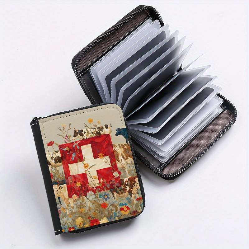 1pc Swiss Cow Print Card Holder 24-Slot Multi-Card Organizer with Zipper Coin Pocket Casual S