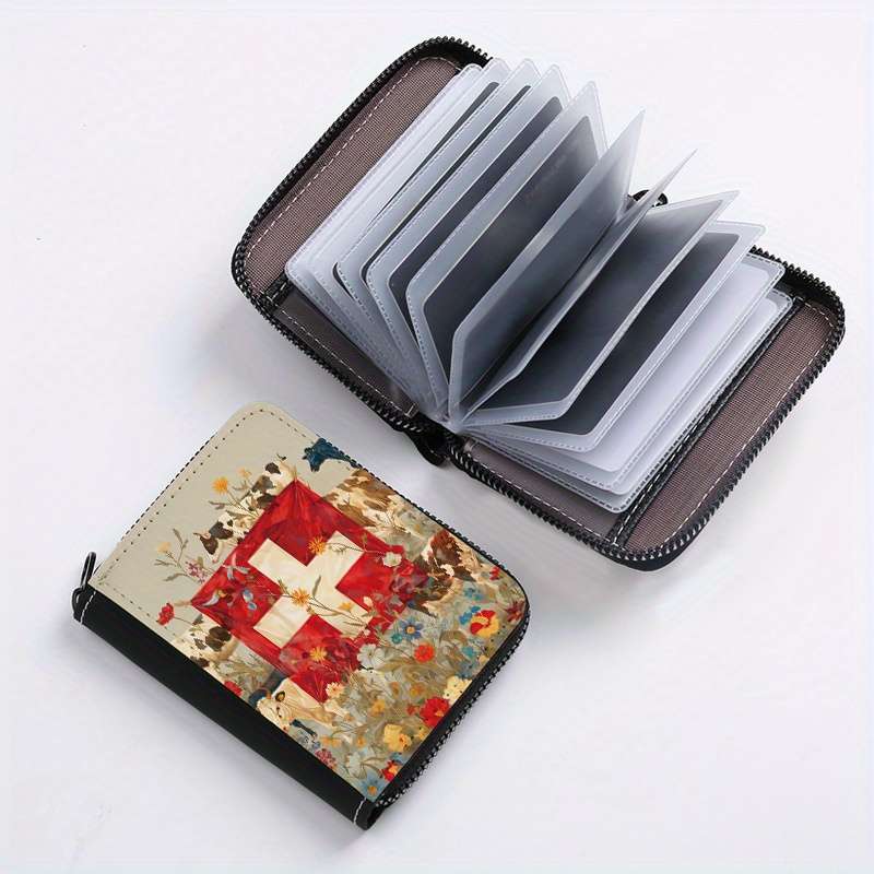 1pc Swiss Cow Print Card Holder 24-Slot Multi-Card Organizer with Zipper Coin Pocket Casual S
