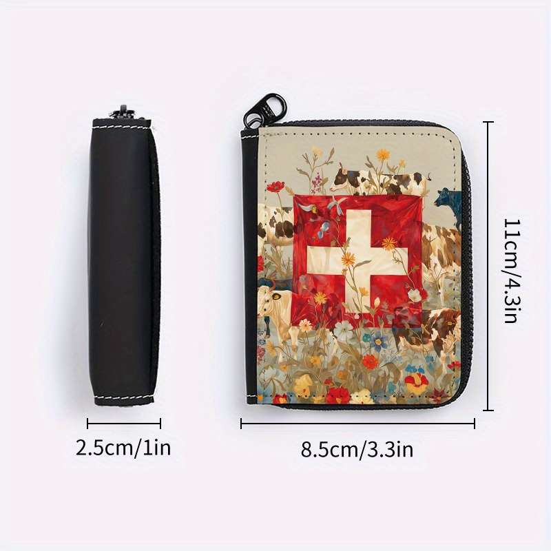1pc Swiss Cow Print Card Holder 24-Slot Multi-Card Organizer with Zipper Coin Pocket Casual S