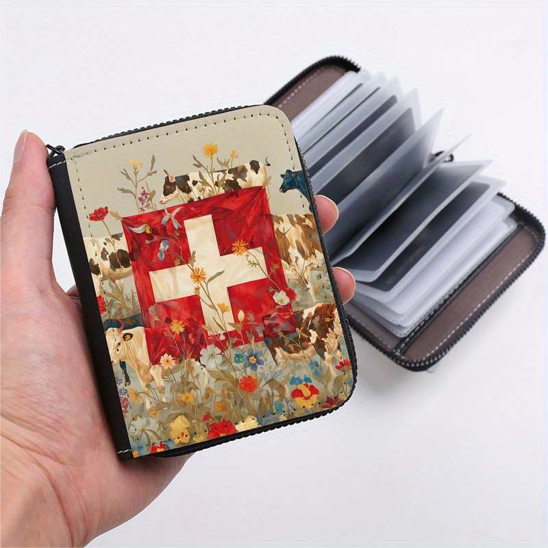 1pc Swiss Cow Print Card Holder 24-Slot Multi-Card Organizer with Zipper Coin Pocket Casual S