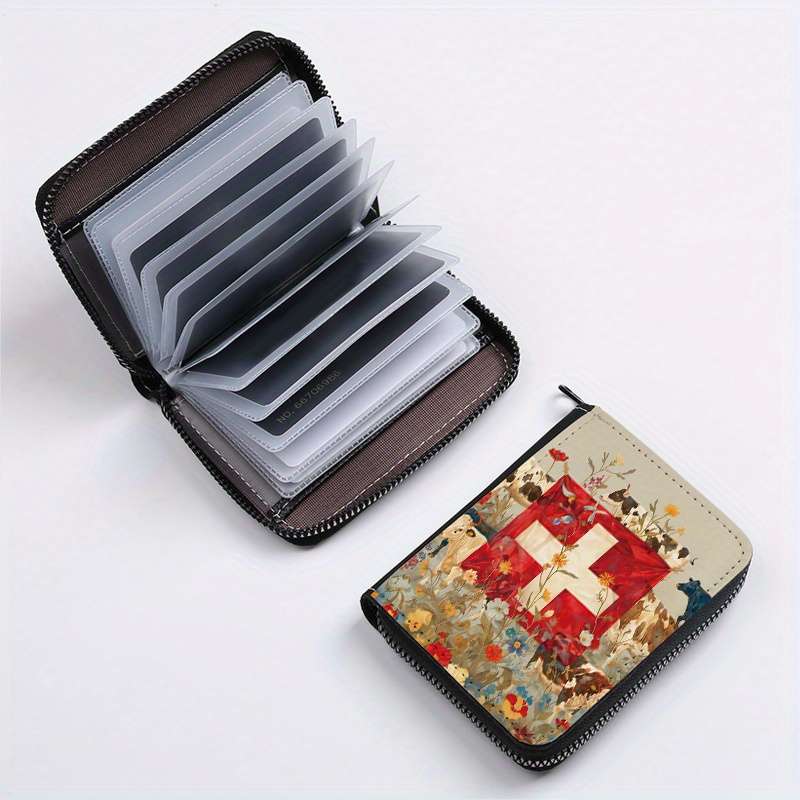 1pc Swiss Cow Print Card Holder 24-Slot Multi-Card Organizer with Zipper Coin Pocket Casual S