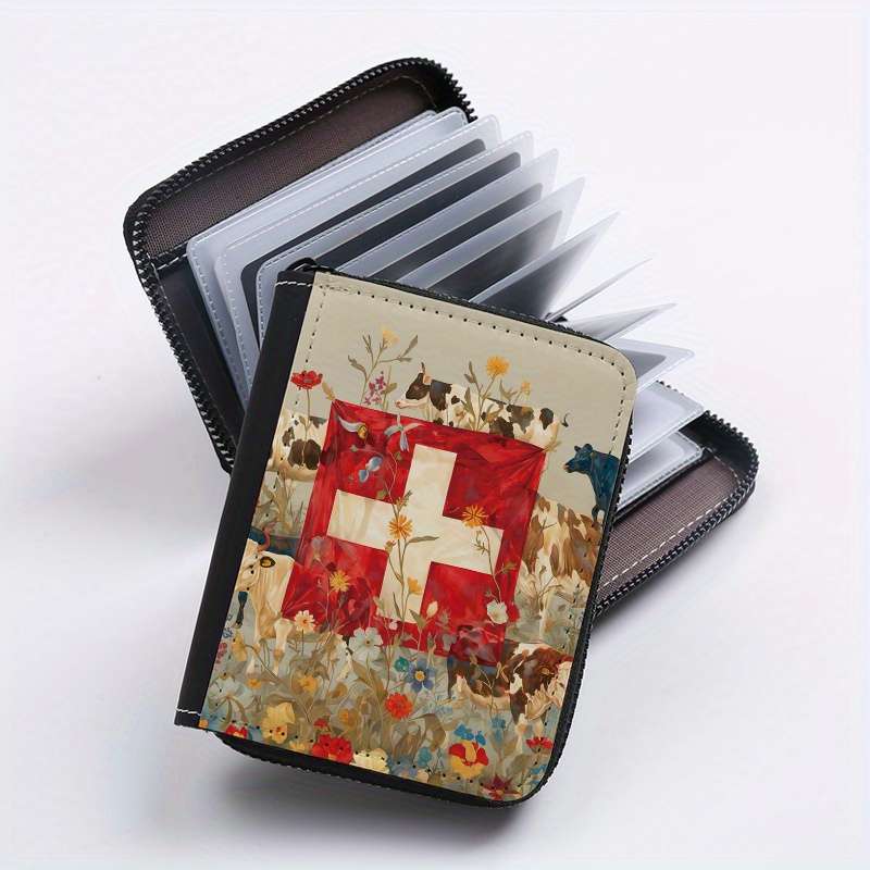 1pc Swiss Cow Print Card Holder 24-Slot Multi-Card Organizer with Zipper Coin Pocket Casual S