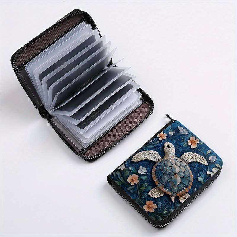 1pc Floral Turtle Print Zipper Wallet 24 Card Slots Coin Purse ID Holder Stylish Card Cas