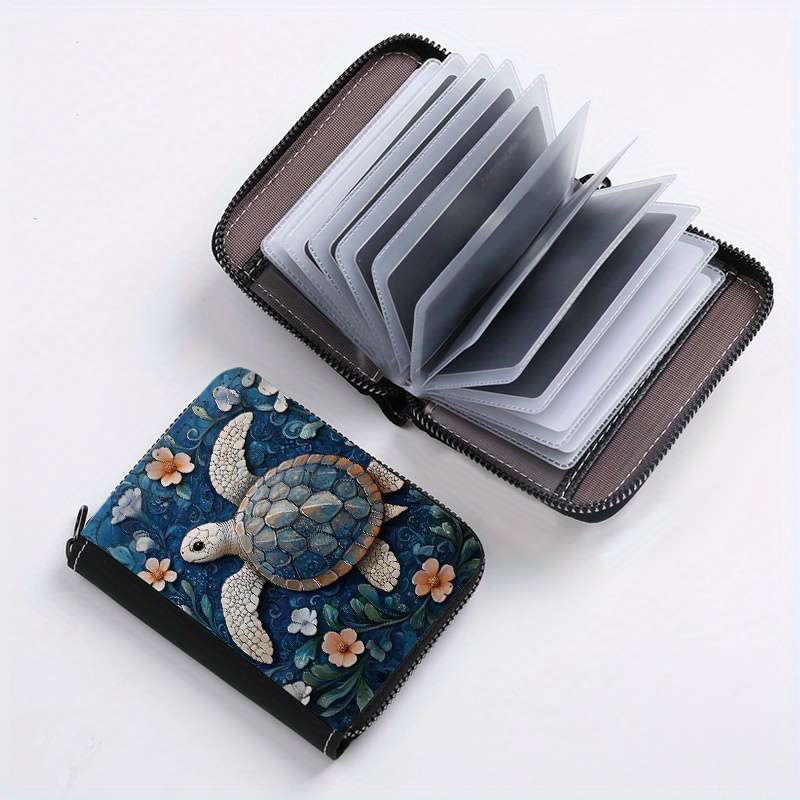 1pc Floral Turtle Print Zipper Wallet 24 Card Slots Coin Purse ID Holder Stylish Card Cas