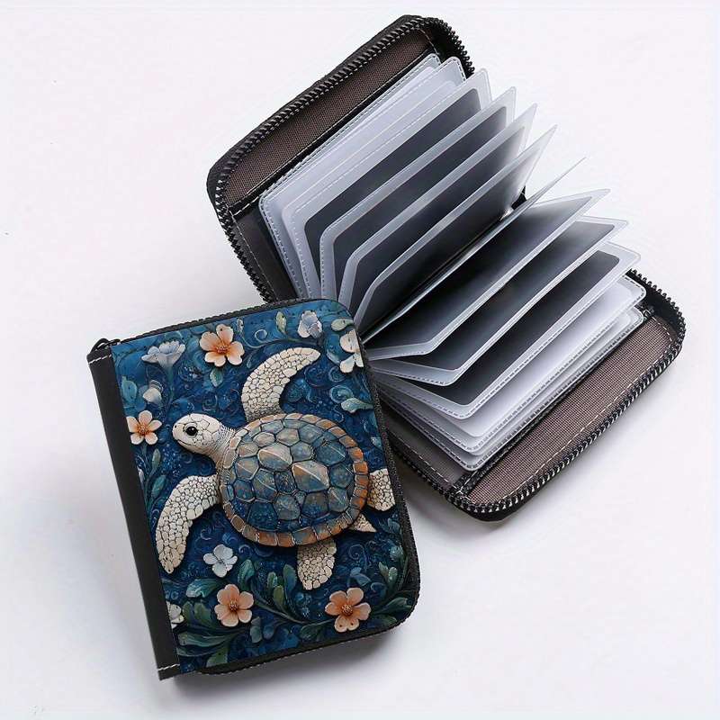 1pc Floral Turtle Print Zipper Wallet 24 Card Slots Coin Purse ID Holder Stylish Card Cas