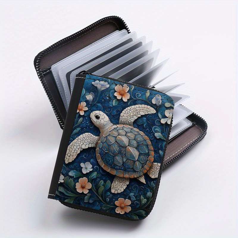 1pc Floral Turtle Print Zipper Wallet 24 Card Slots Coin Purse ID Holder Stylish Card Cas