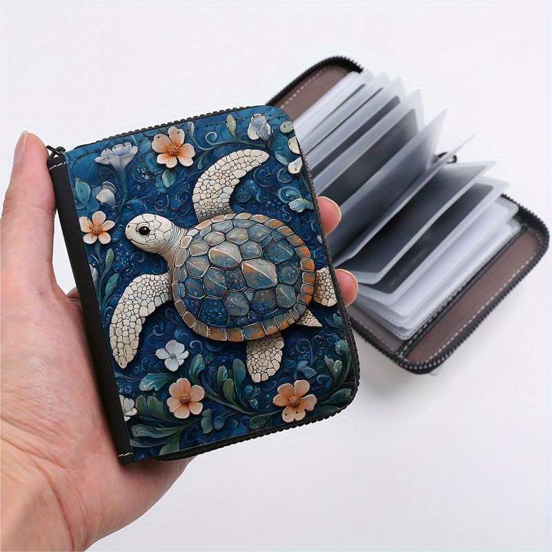 1pc Floral Turtle Print Zipper Wallet 24 Card Slots Coin Purse ID Holder Stylish Card Cas