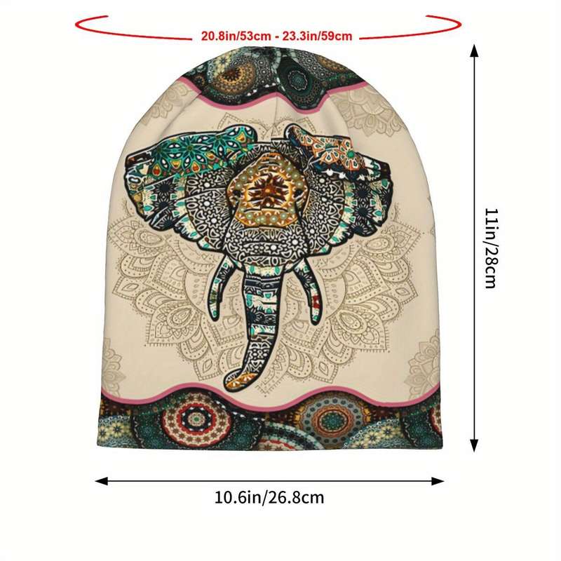1pc Vintage Elephant Print Knit Beanie Hat for Men 20.8 53cm 23.3 59cm 11.1 42cm 10.6 26.8cm