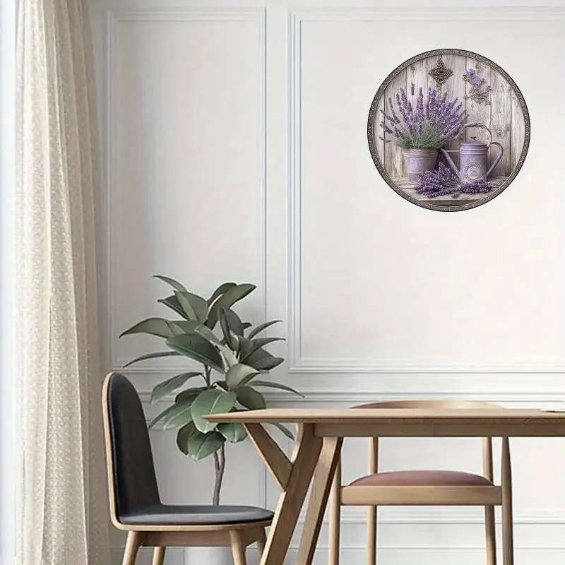 1pc 2D Flat Print Round Vintage Metal Aluminum Sign Wall Art Lavender Themed For Bar Kitchen Coffee