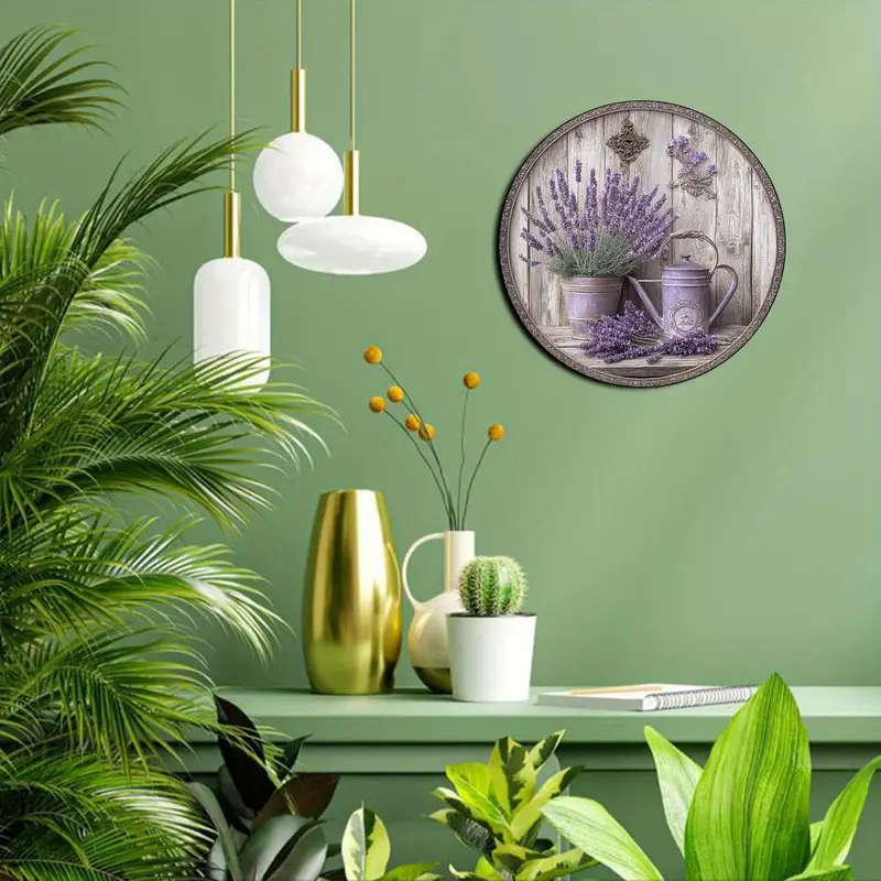 1pc 2D Flat Print Round Vintage Metal Aluminum Sign Wall Art Lavender Themed For Bar Kitchen Coffee