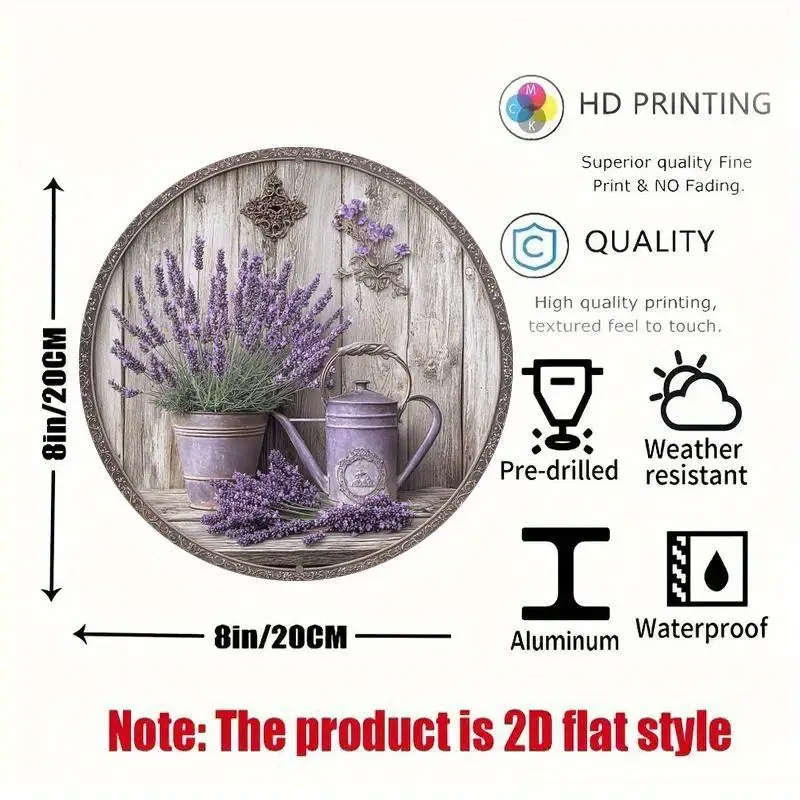 1pc 2D Flat Print Round Vintage Metal Aluminum Sign Wall Art Lavender Themed For Bar Kitchen Coffee