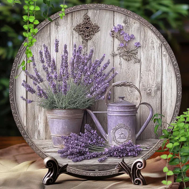 1pc 2D Flat Print Round Vintage Metal Aluminum Sign Wall Art Lavender Themed For Bar Kitchen Coffee