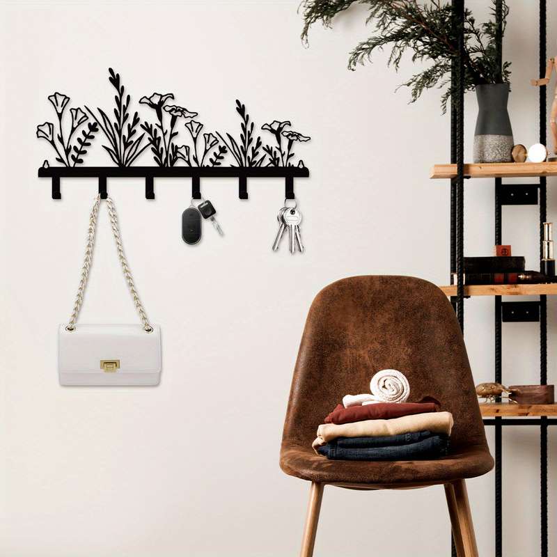 1pc Wall-Mounted Metal Coat Rack with Floral DesignDecorative Entryway Hook Rack for Coats Keys