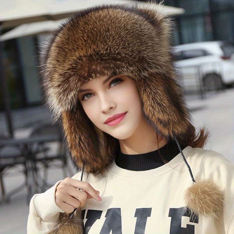 1pc Thick Faux Fur Pilot Hat Warm Coldproof Trapper Hat With Ear Flap Ski Hat Cute With Tail Ha