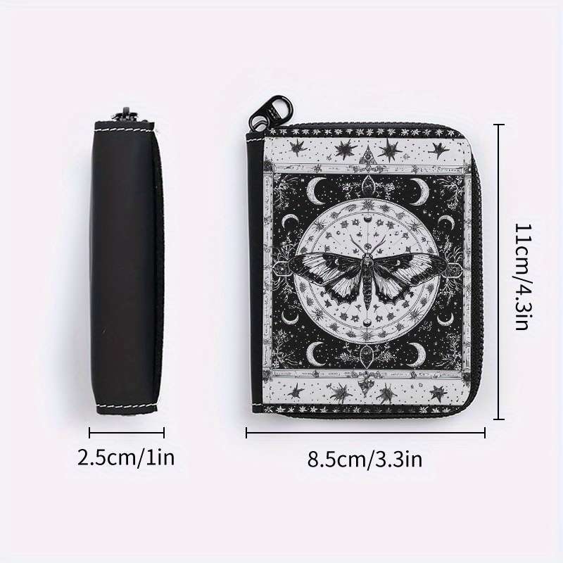 1pc Mystical Moth Print Wallet 24-Slot Zippered Coin Purse ID Credit Card Holder Fashionab