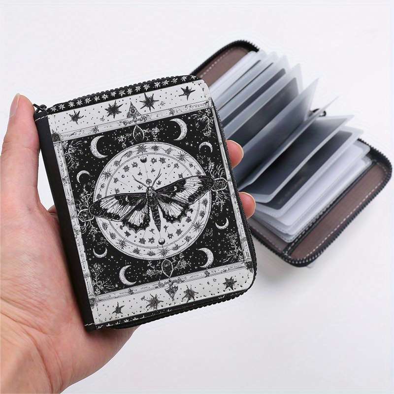 1pc Mystical Moth Print Wallet 24-Slot Zippered Coin Purse ID Credit Card Holder Fashionab