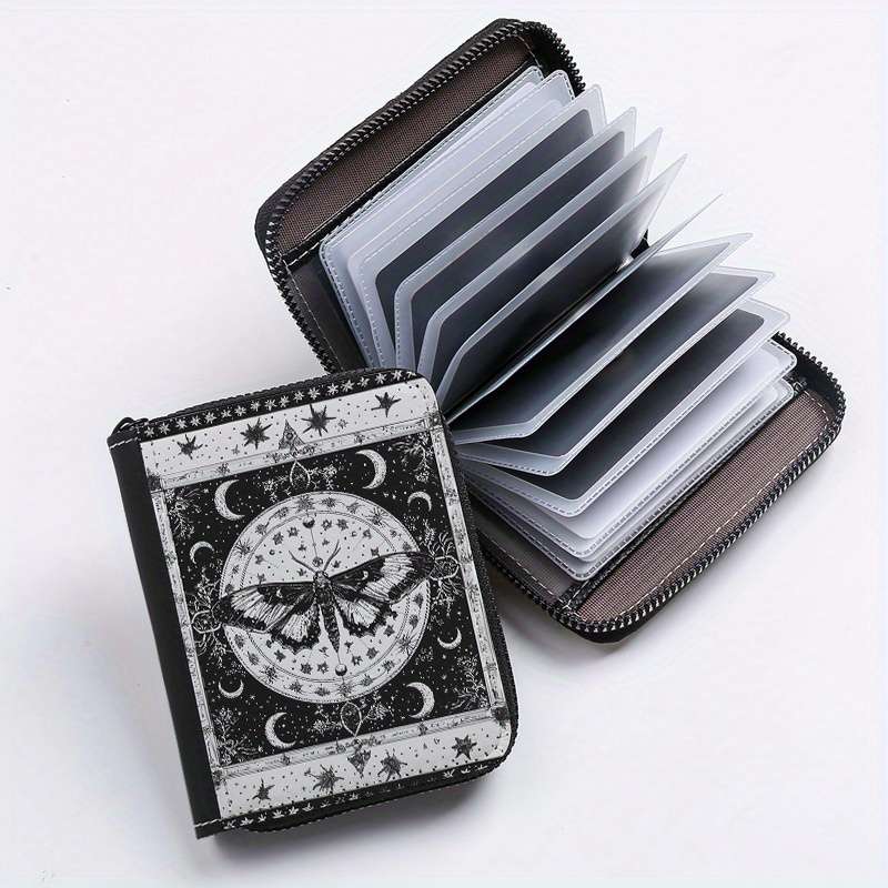 1pc Mystical Moth Print Wallet 24-Slot Zippered Coin Purse ID Credit Card Holder Fashionab
