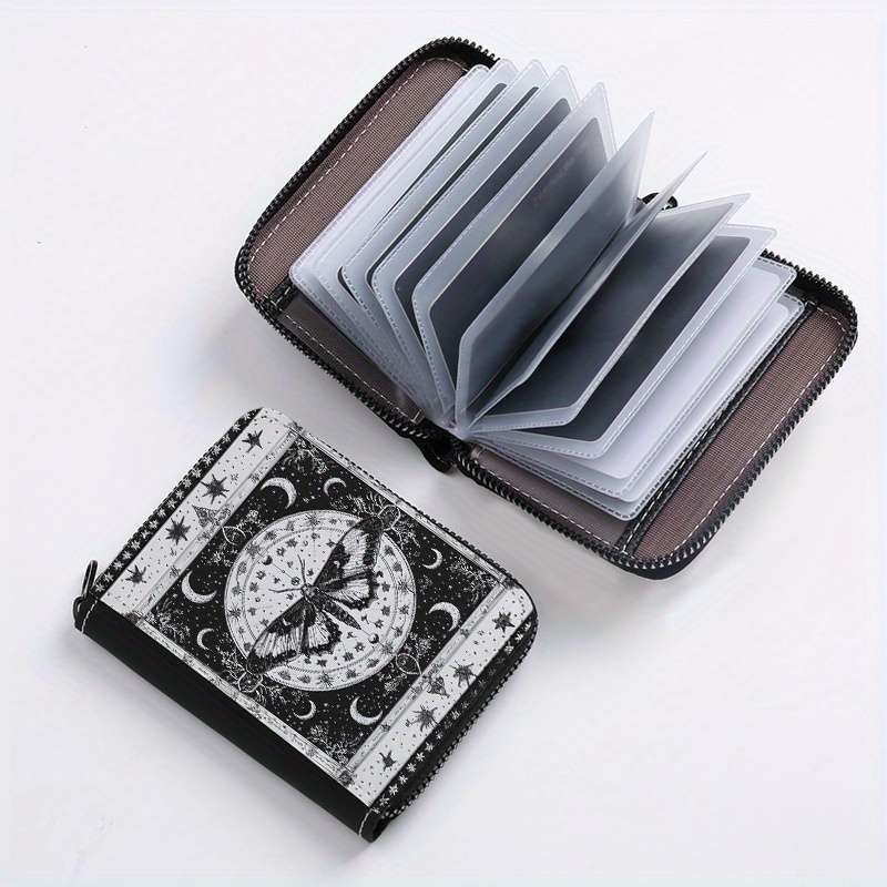 1pc Mystical Moth Print Wallet 24-Slot Zippered Coin Purse ID Credit Card Holder Fashionab