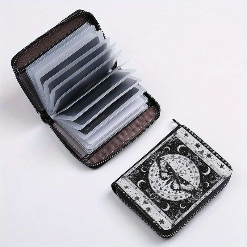 1pc Mystical Moth Print Wallet 24-Slot Zippered Coin Purse ID Credit Card Holder Fashionab