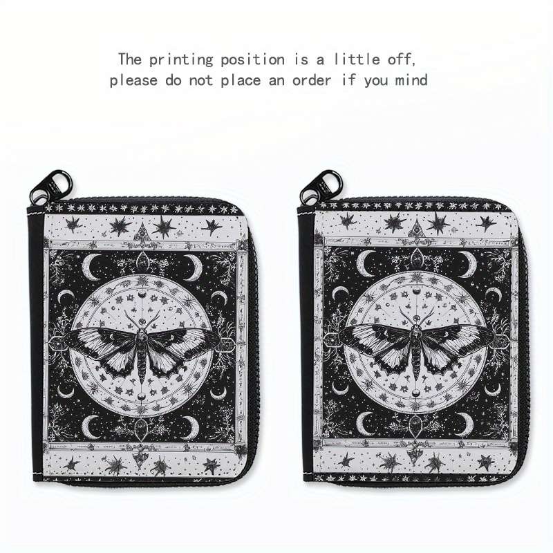 1pc Mystical Moth Print Wallet 24-Slot Zippered Coin Purse ID Credit Card Holder Fashionab