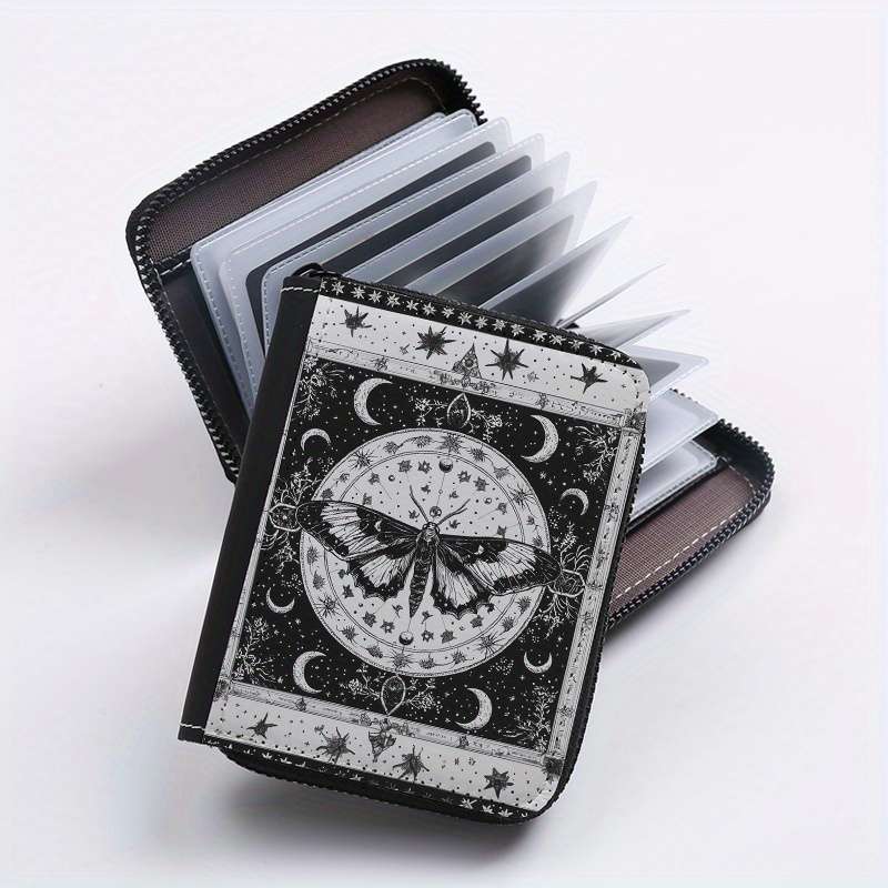 1pc Mystical Moth Print Wallet 24-Slot Zippered Coin Purse ID Credit Card Holder Fashionab