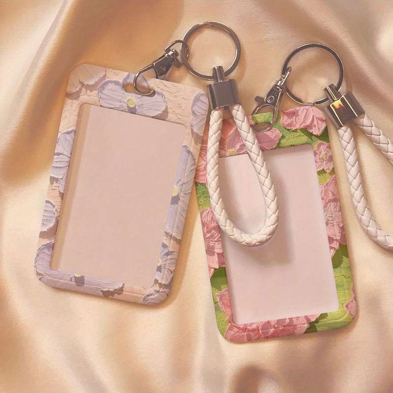 1pc Floral Oil Painting Design Card Holder with Lanyard Durable Plastic Protective Case for Stude