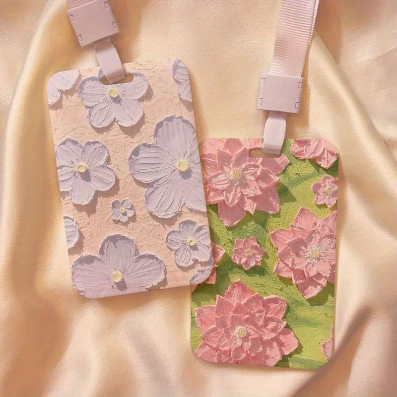1pc Floral Oil Painting Design Card Holder with Lanyard Durable Plastic Protective Case for Stude