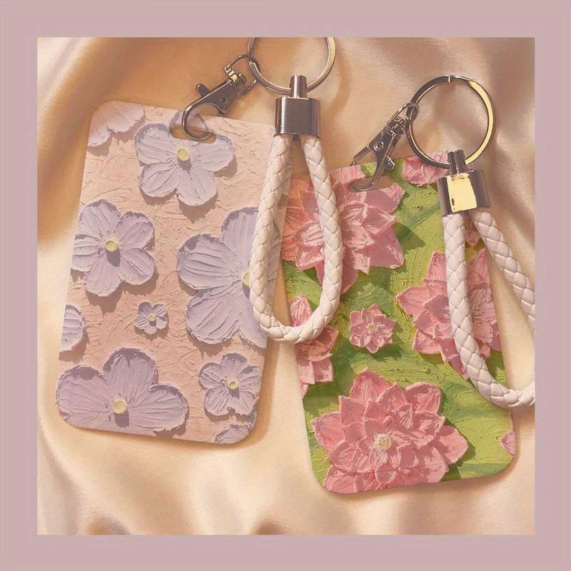 1pc Floral Oil Painting Design Card Holder with Lanyard Durable Plastic Protective Case for Stude