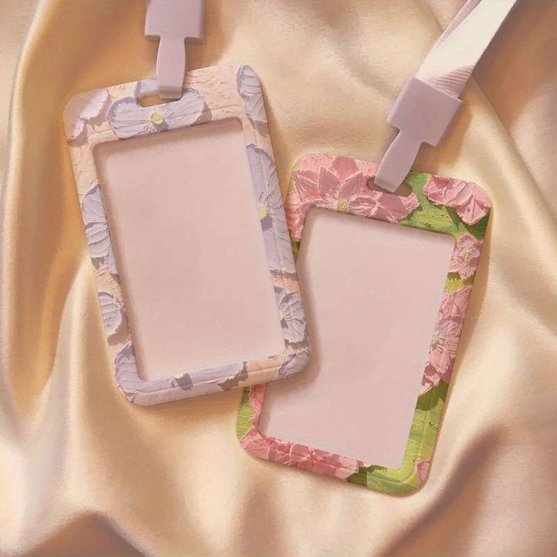 1pc Floral Oil Painting Design Card Holder with Lanyard Durable Plastic Protective Case for Stude